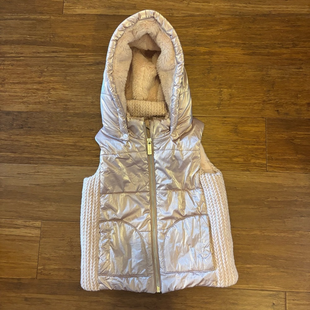 Lapin House Girls Shimmery Metallic Pink Puffer Vest Plush Hood Size 3